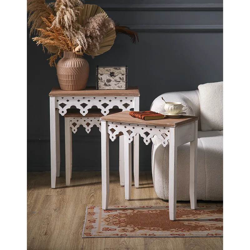 

Rustic White Nesting Tables, Carved Accent Side Table Set, Solid Wood, Space-Saving Living Room Furniture, Vintage Farmhouse