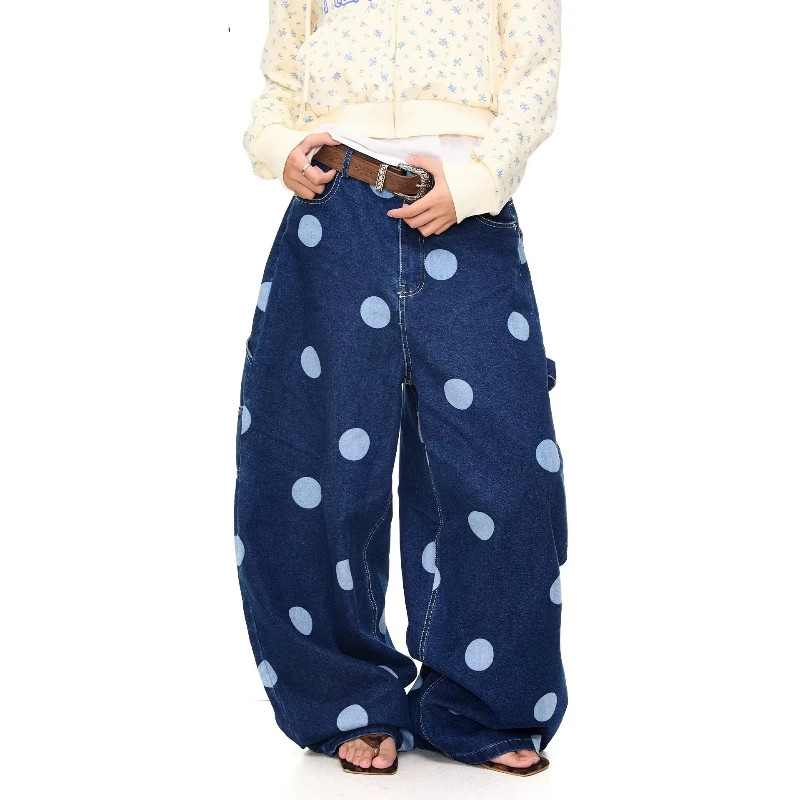 Women's Large Polka Dot Printed Blue Jeans 90s High Waisted Women Sweatpants Casual Pants Retro Bottoms Female Wide Leg Trousers