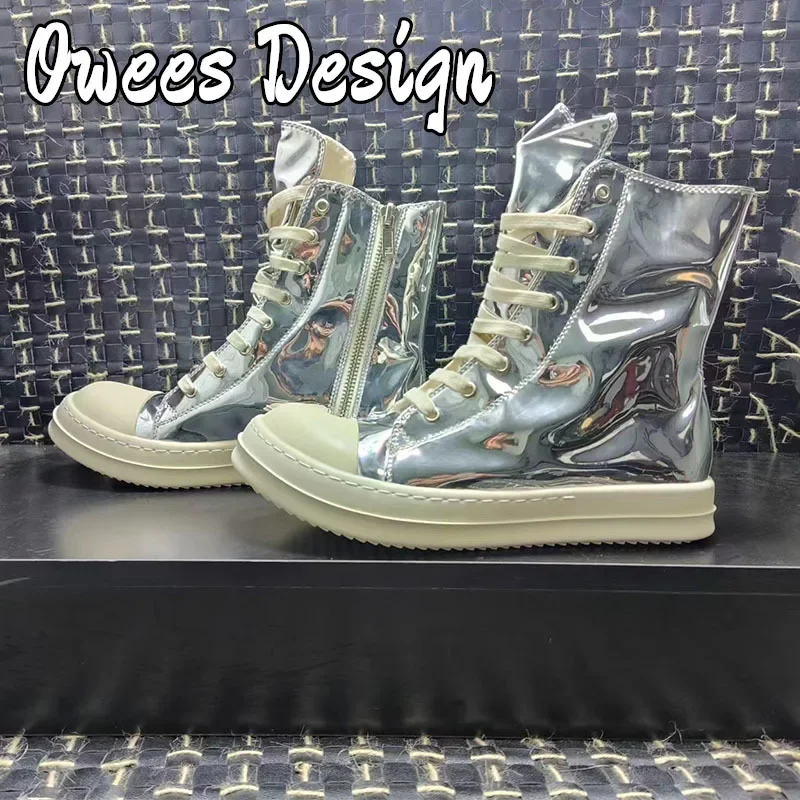 Owees Design High Street Sneakers Patent Leather Shoes for Women and Men Lace Up Zip Sports Shoes Mirror Casual Designer Shoes