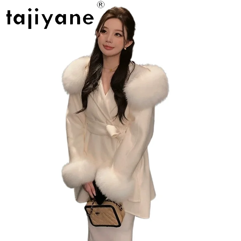 TAJIYANE 100% Wool Coat Women Fox Fur Collar Coats for Women Clothing Hooded Winter Coat Mid-length Cape Jacket Пальто Женское