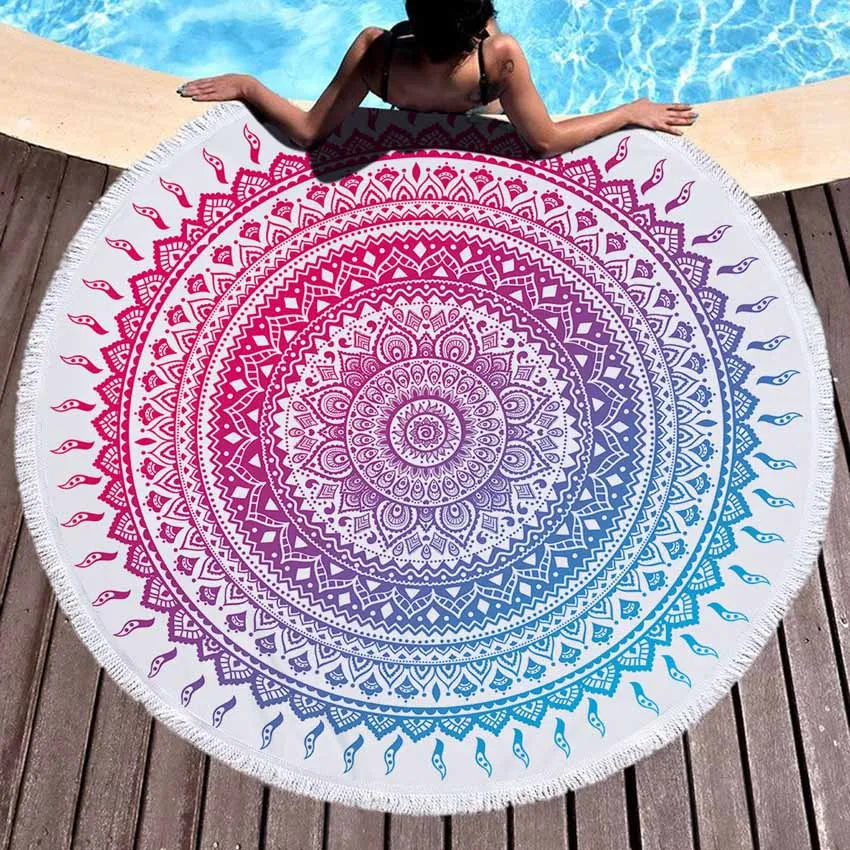 Geometric Summer Beach Towel Flower Round Blanket Wall Tapestry Seaside Bath Towel Yoga Mat With Tassels