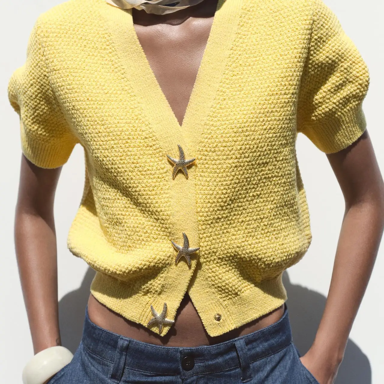 

ZBZR Spring New Faion Star aped Button Knitted Jaet Women's irt Commute Sle ort Sve V Ne Polyester Fiber