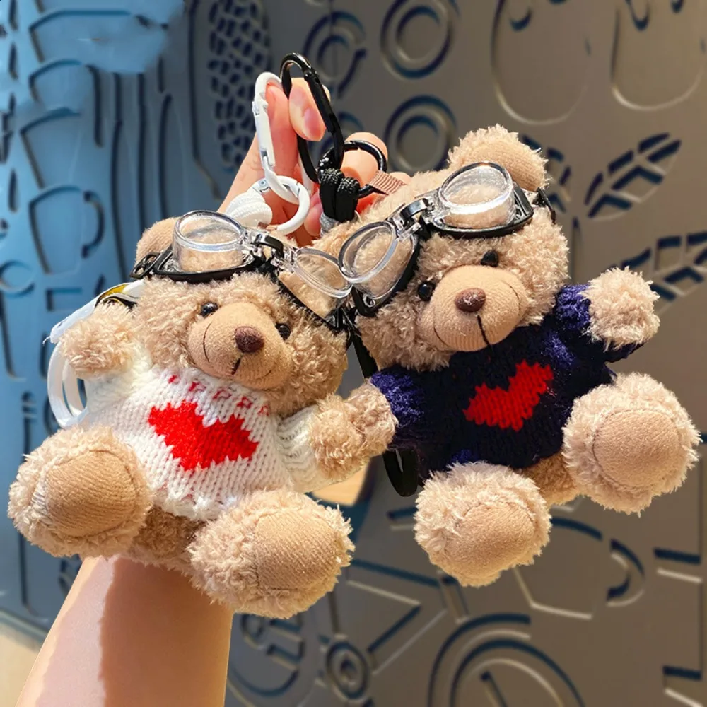 Creative Goggles Pilot Bear Keychain Pearl Hanging Rope Plush Bear Key Ring Bell Cartoon Stuffed Animal Pendant Women