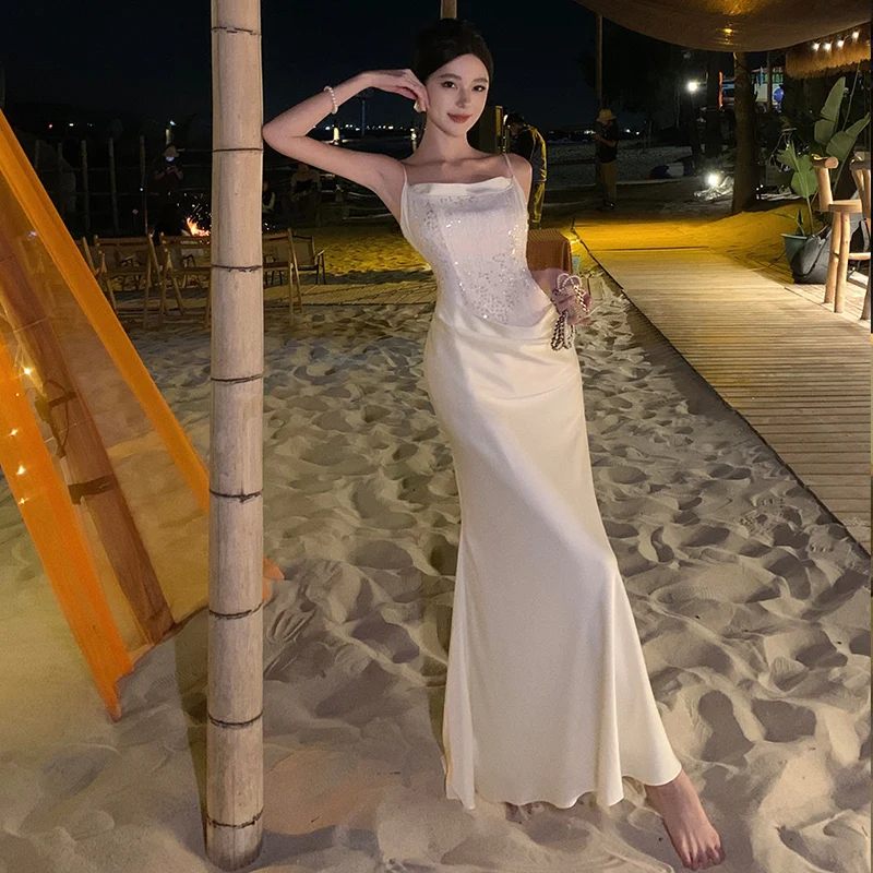 

2024 Summer New Fashion Sleeveless Sequins Beach Holiday Female Clothing Elegant Evening Birthday Party Midi Dresses for Women