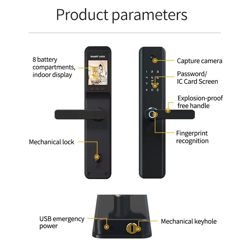 Black Smart Lock WiFi Door Main Door Lock with App Control Fingerprint Recognition Digital Password Unlocking Smart Door Handle