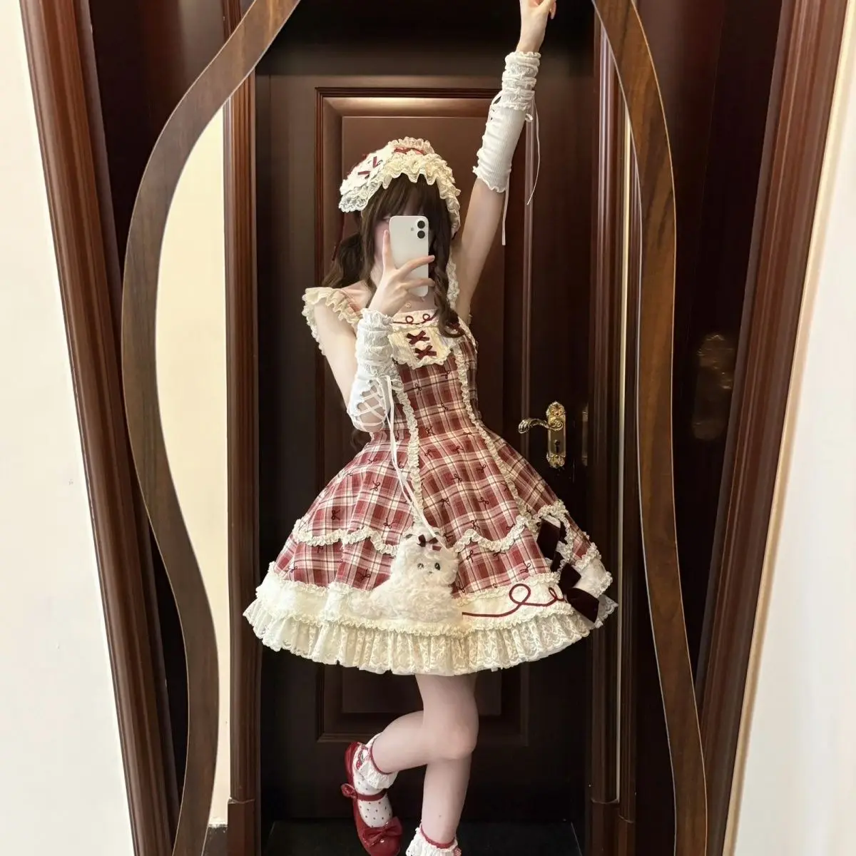 

Japan Red Plaid Lolita Patchwork Puppy Patch Jsk Skirt (Including Headband But No Inner Wear)
