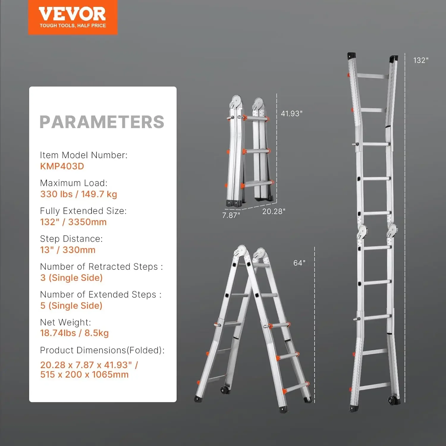Telescoping Ladder A Frame, 10 FT Compact Aluminium Extension Ladder, Multi-Function Portable Collapsible RV Ladder, 330lb Load