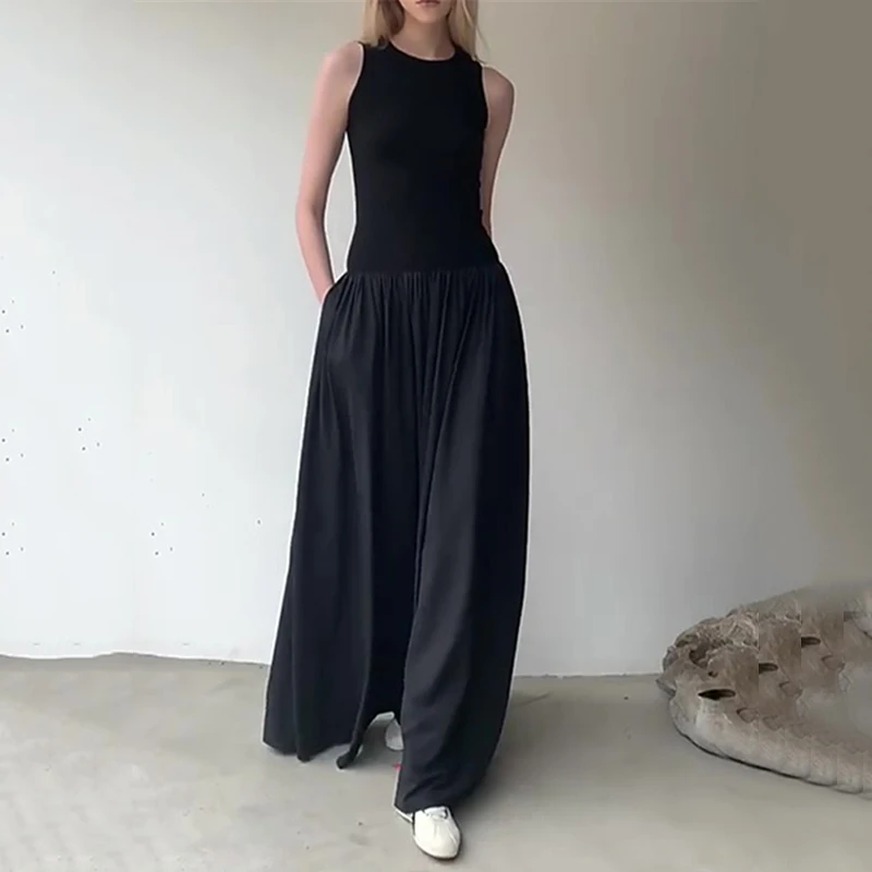 أنيق أبيض أسود فستان طويل المرأة الصيف بلا أكمام تي شيرت فستان أنيق فستان فيستدوس