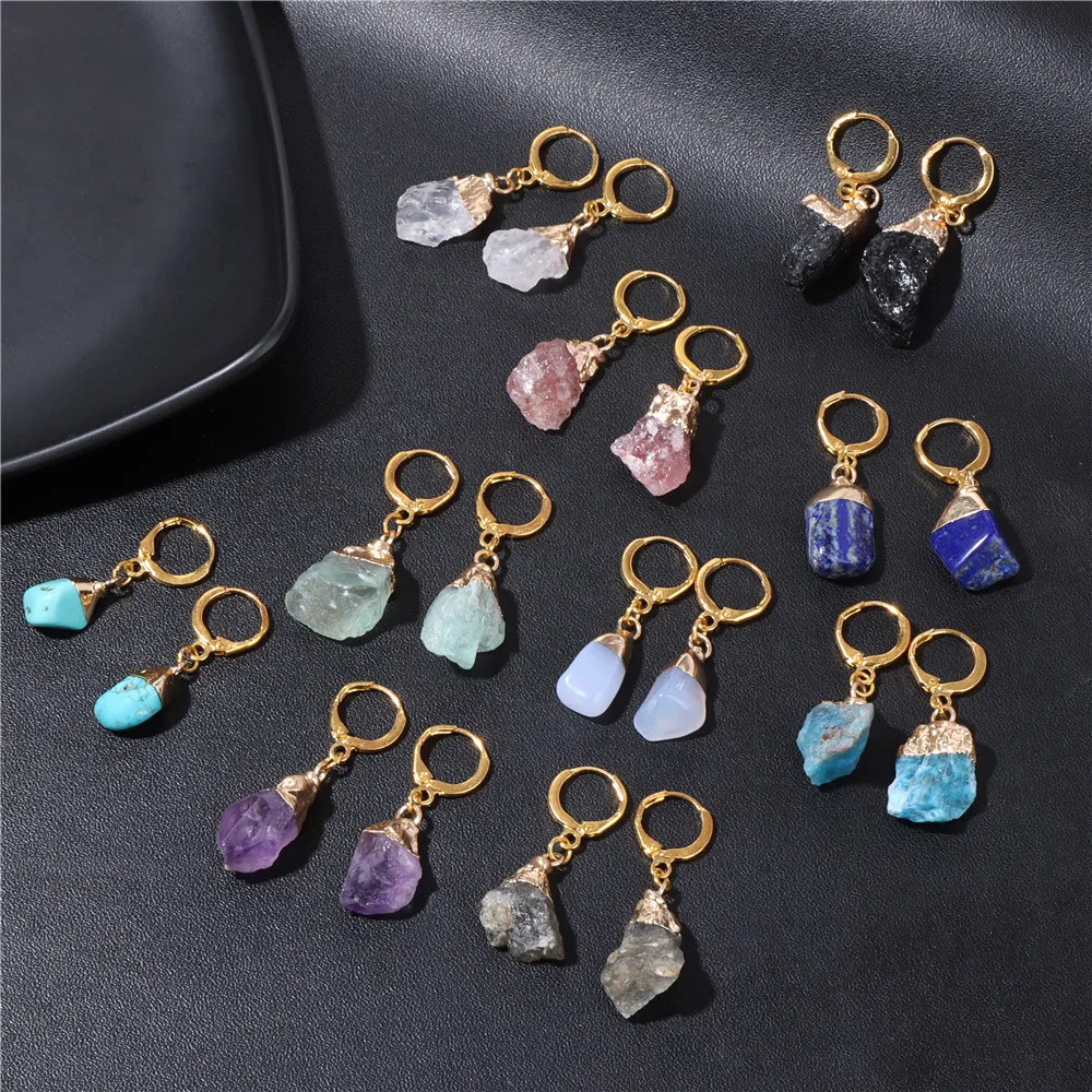 Natural Irregular Stone Pendant Earrings Crystal Amethysts Mineral Stone Earrings Healing Reiki Handmade Earrings for Women