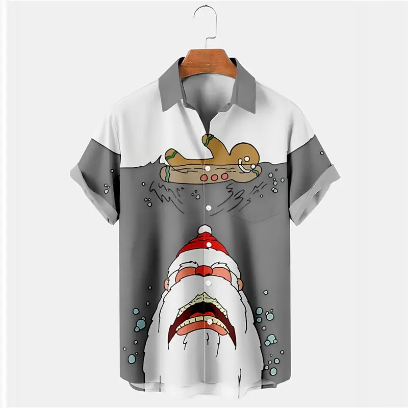 Camicia natalizia casual con stampa 3D di Babbo Natale e omino di pan di zenzero Cardigan con risvolto da uomo Camicia da uomo di Capodanno allentata casual di alta moda