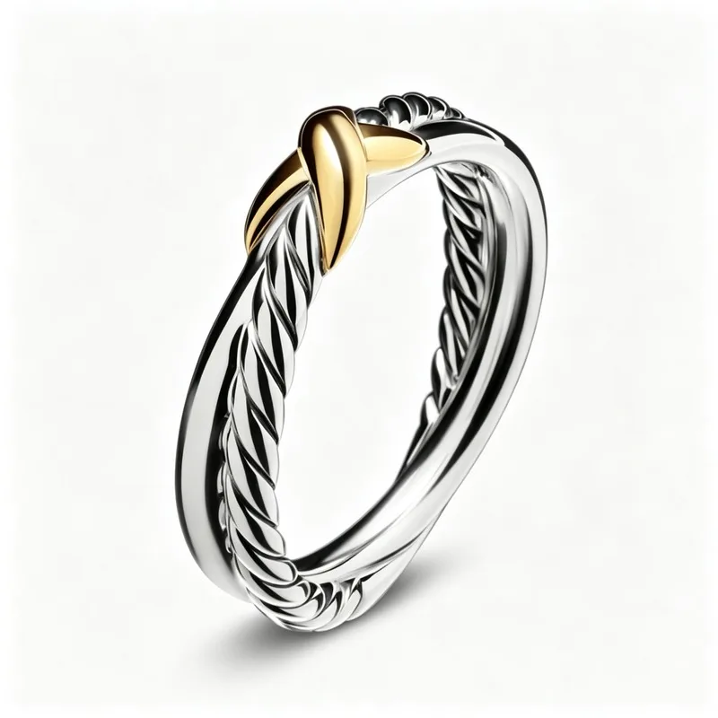 Twisted Rope Ring for Women Alloy Two Tone Silver Gold X Design Band Trendy Elegant Jewelry Gift US Size
