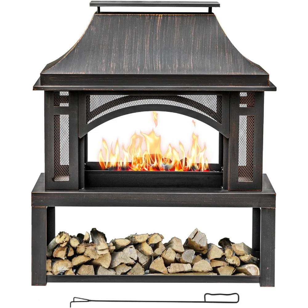 

Large Outdoor Wood-Burning Fireplace with Storage, Chimney, Spark Screen, and Poker