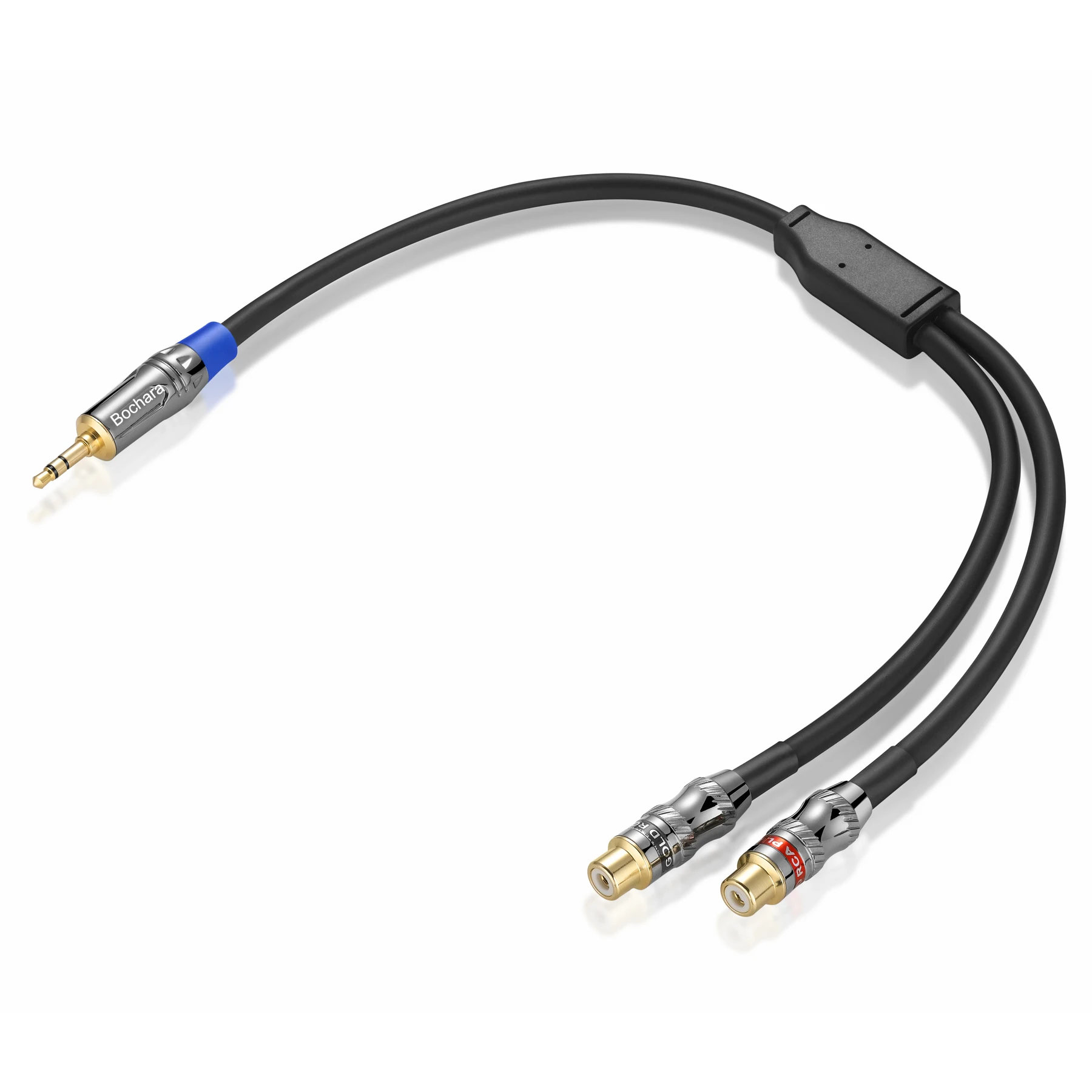 Bochara 50cm 1/8 \'\'3.5mm Stereo Aux męska do 2RCA żeńska folia na kabel Audio + ekranowany, pozłacany stop cynku