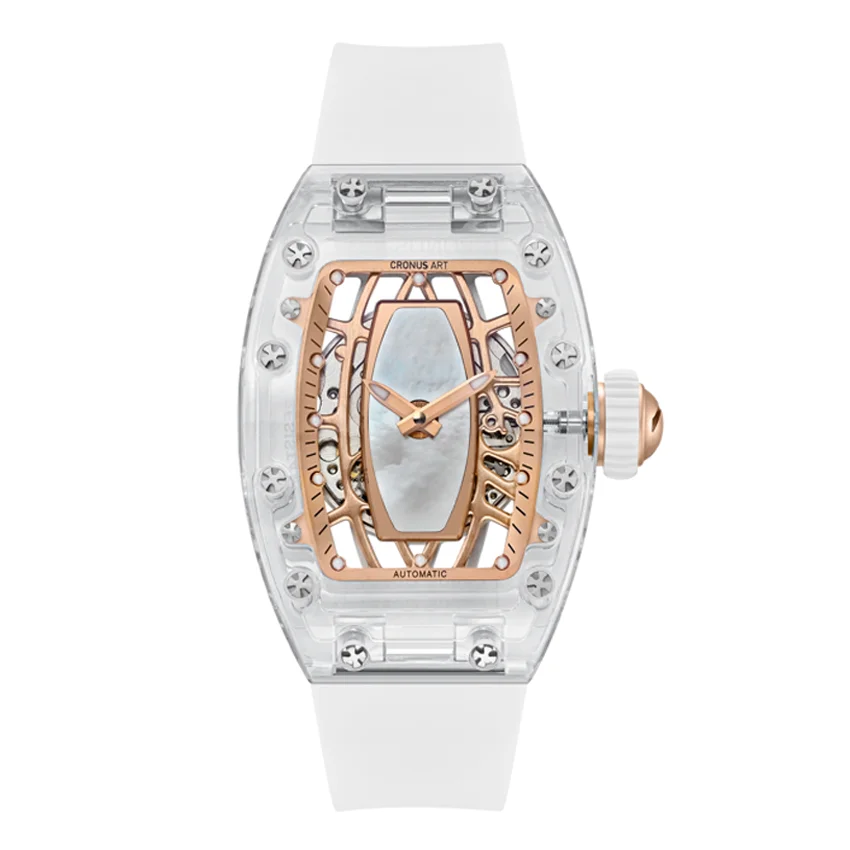CRONUSART Women Automatic Watch 31.5mm*45.5mm Ladies Mechanical Wristwatch K9 Crystal Tonneau Case Sapphire Mirror