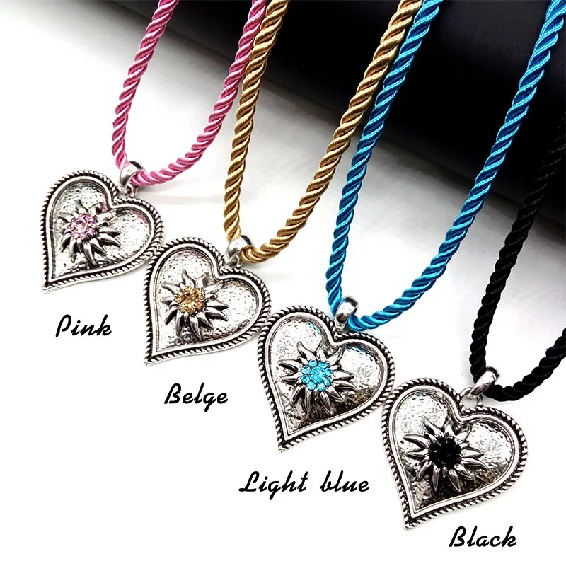 Fashion Vintage Silver Color Smooth Heart Shaped Edelweiss Necklace for Women\'s Men Oktoberfest Party Luck Rope Chain Jewellery