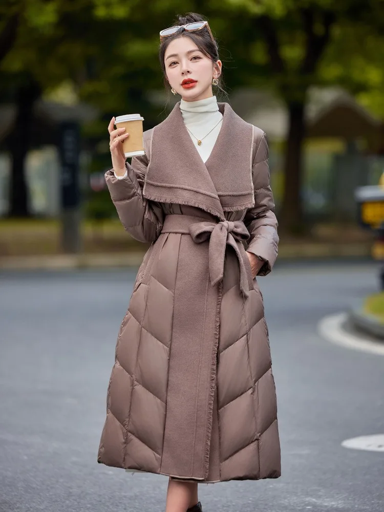 Femmes 2025 nouveau hiver haut Long vêtements épaissi chaud blanc canard vers le bas manteau Patchwork laine gland doudoune femme