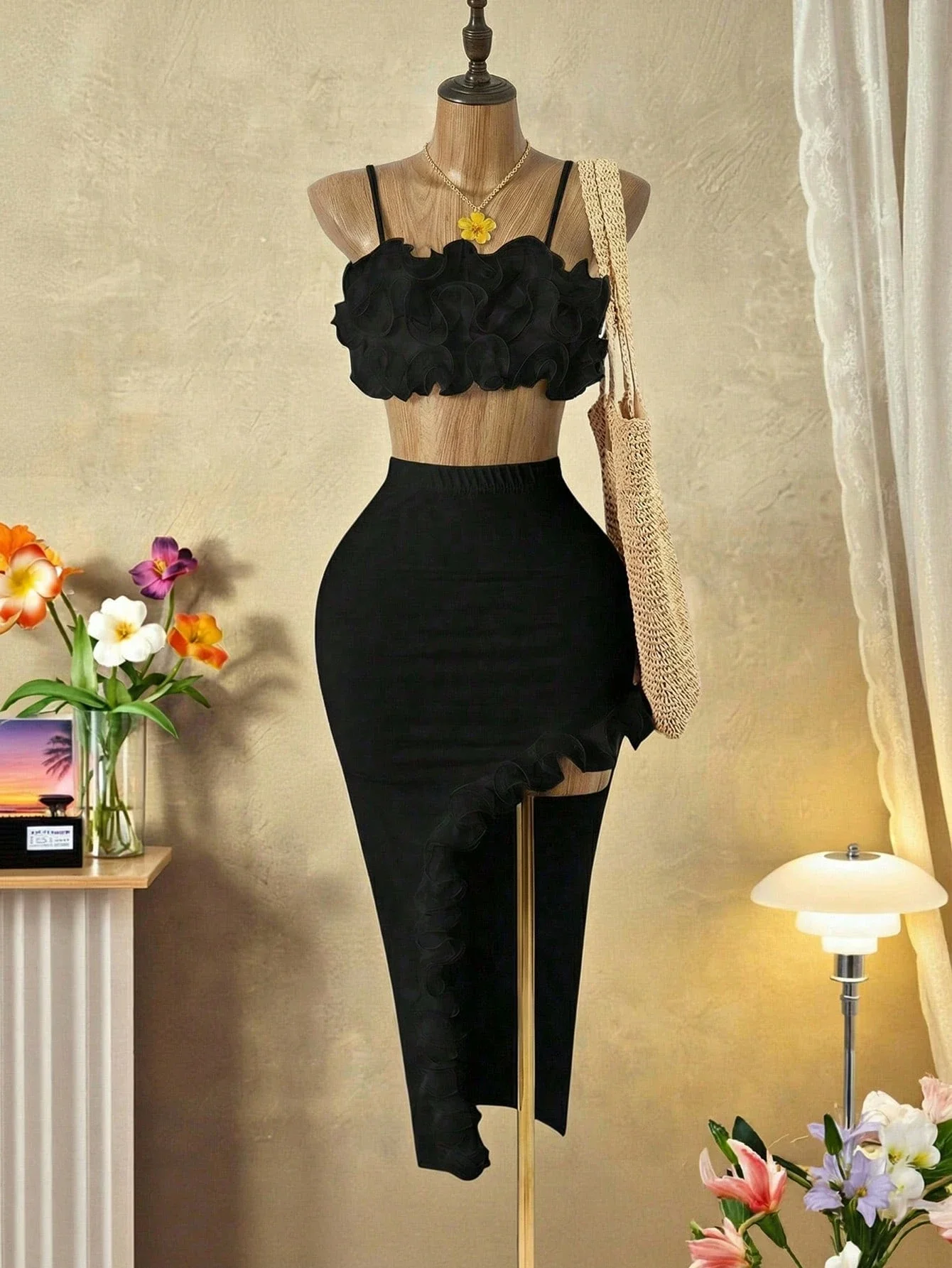 Black 3D Ruffle Camisole Top And Split Long Skirt Two Piece Set For Party Dating
