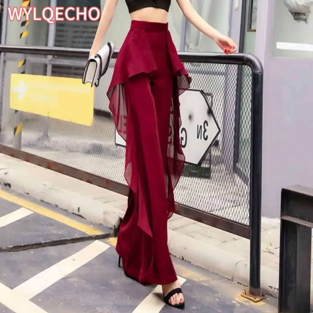 

Women Korean Fashion Pants Loose High Waisted Chiffon Ruffle Trousers Casual Versatile Wide Leg Flared Pantalon Femme