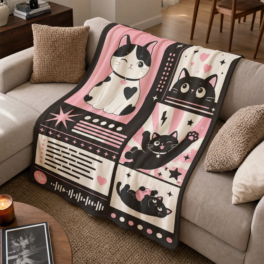Cute Cat Lover Throw Blanket for Living Room Sofa Cozy Decor Fleece Plush Black Cat Print Napping Blanket Home Textile Gift Idea
