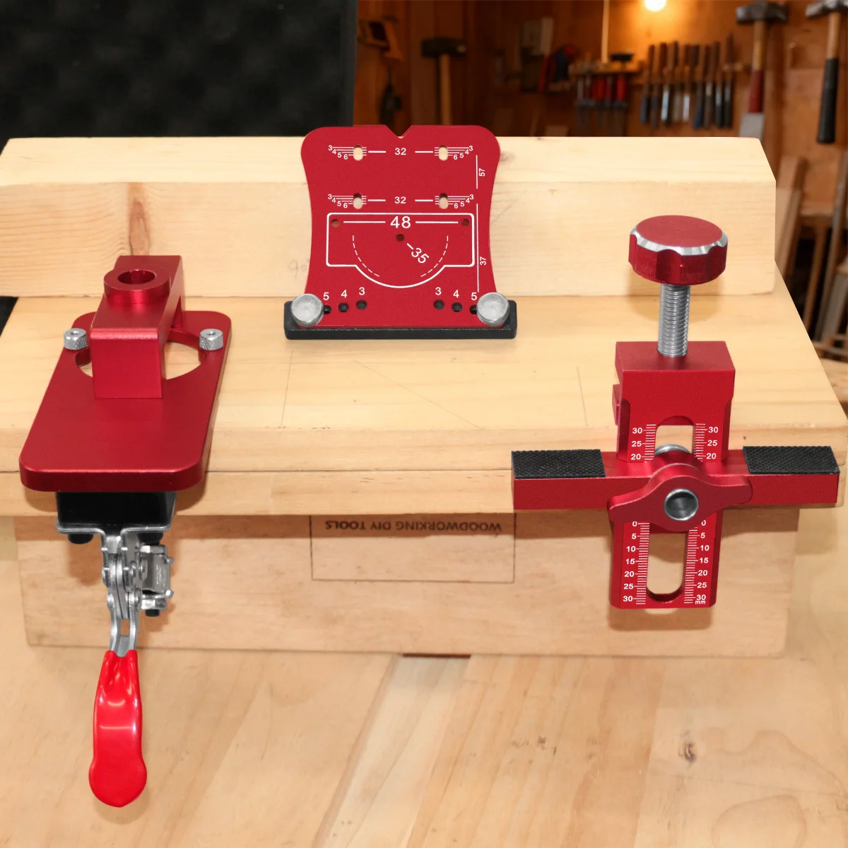 ชุดติดตั้งบานพับตู้แบบแม่นยำ 3 ชิ้น พร้อมกล่องกันน้ำ, ตัวกำหนดตำแหน่งบานพับตู้อะลูมิเนียม และตัวนำเจาะบานพับตู้