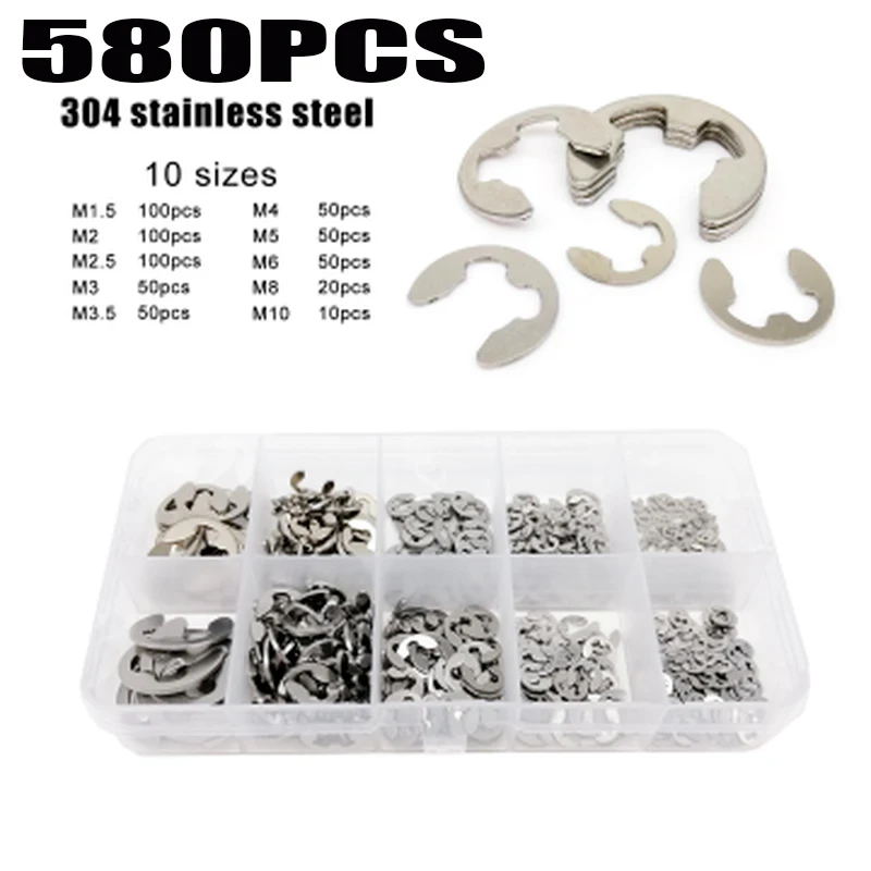 

580pcs Assortment Kit Set Box 1.5-10mm 304 Stainless Steel External Retaining Ring E Clip Snap Circlip Washer for Shaft