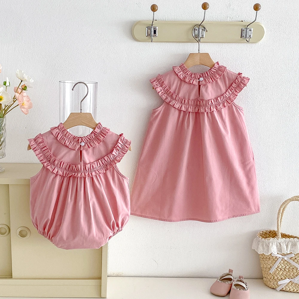 Summer Girls Dress Sister Matching Outfits Cotton Baby Romers Dress Overalls Cute Frilly Lace Collar Toddler Ruffles Dresses
