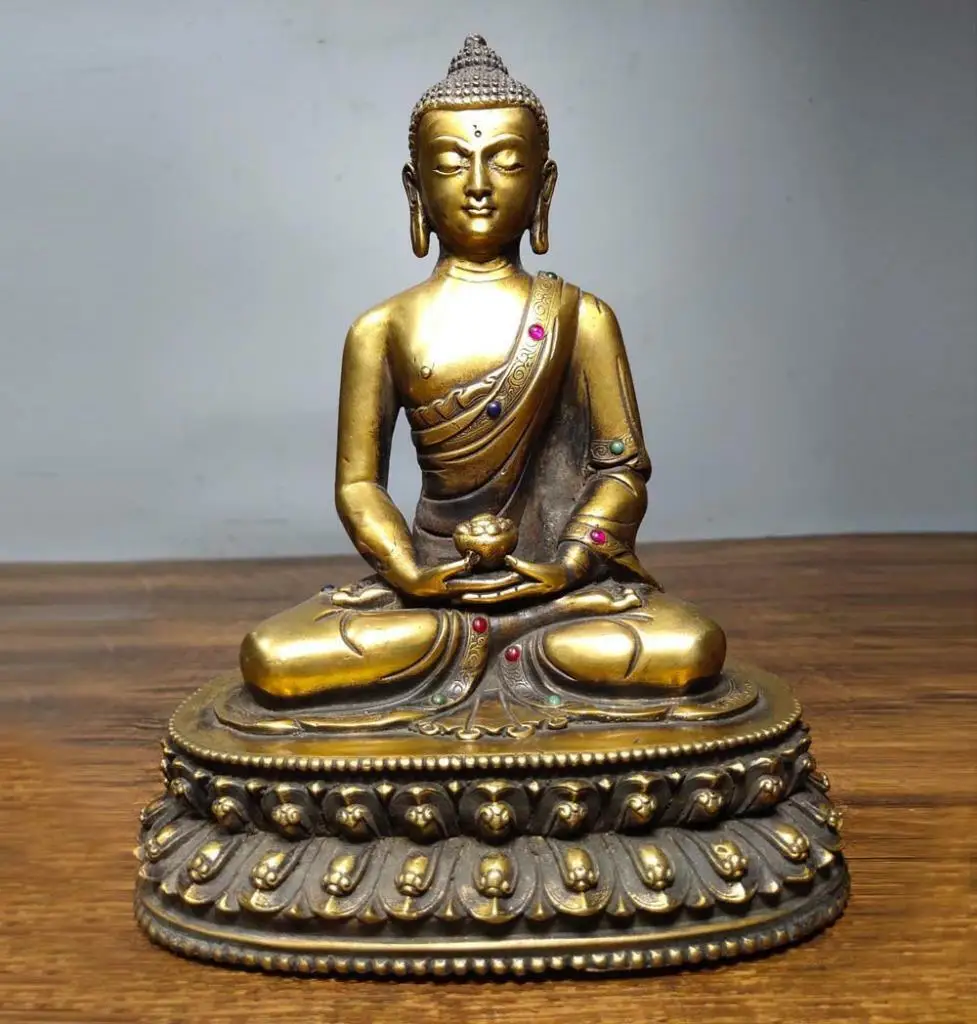 Old Chinese Carved Bronze Statue Gilding Inlay Jade Sakyamuni Buddha