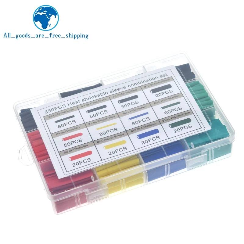 TZT 530pcs Heat Shrink Tubing Insulation Shrinkable Tube Assortment Electronic Polyolefin Ratio 2:1 Wrap Wire Cable Sleeve Kit