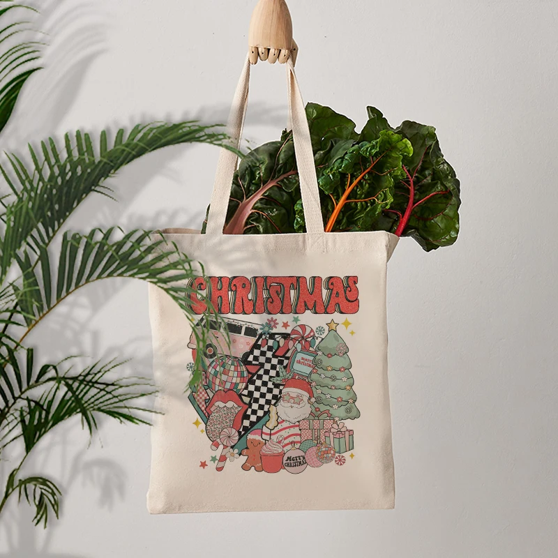 Merry Christmas Tree Pattern Canvas Shoulder Bag Merry & Bright Christmas Gift Women Festival Tote Bags XMAS Shopping Bag