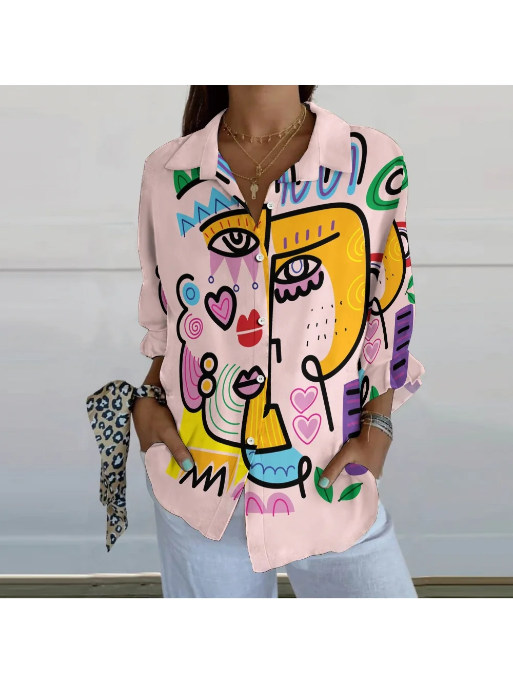 Pink Cartoon Hand-Painted Shirt Casual Loose Lapel Women's Versatile Top Soft Summer Face Print Chic Street Clothing