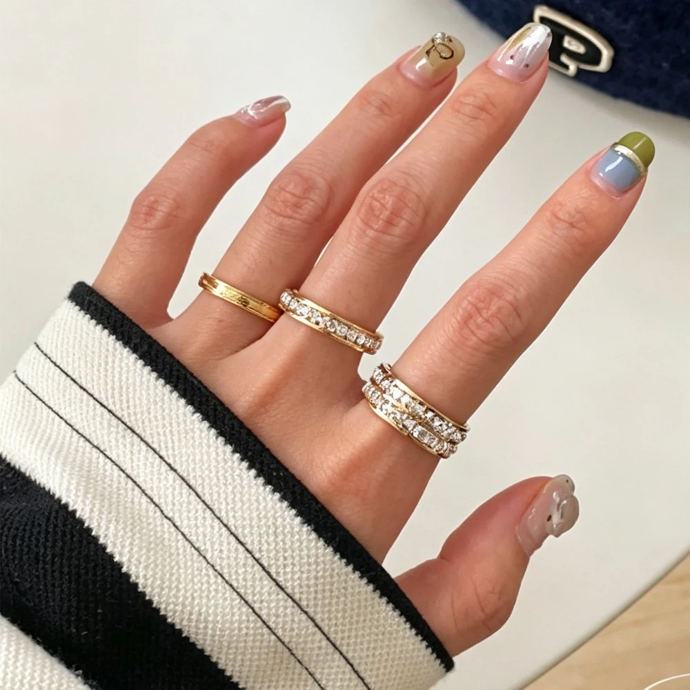 Yupsk 3pcs Stainless Steel Waterproof Stackable Rings for Women Girls Geometric Square Zirconia Inlaid Engagement Ring Jewelry
