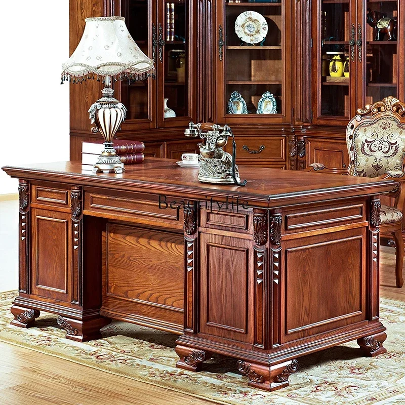 

56American-style rural all-solid wood large desk study European-style president's desk
