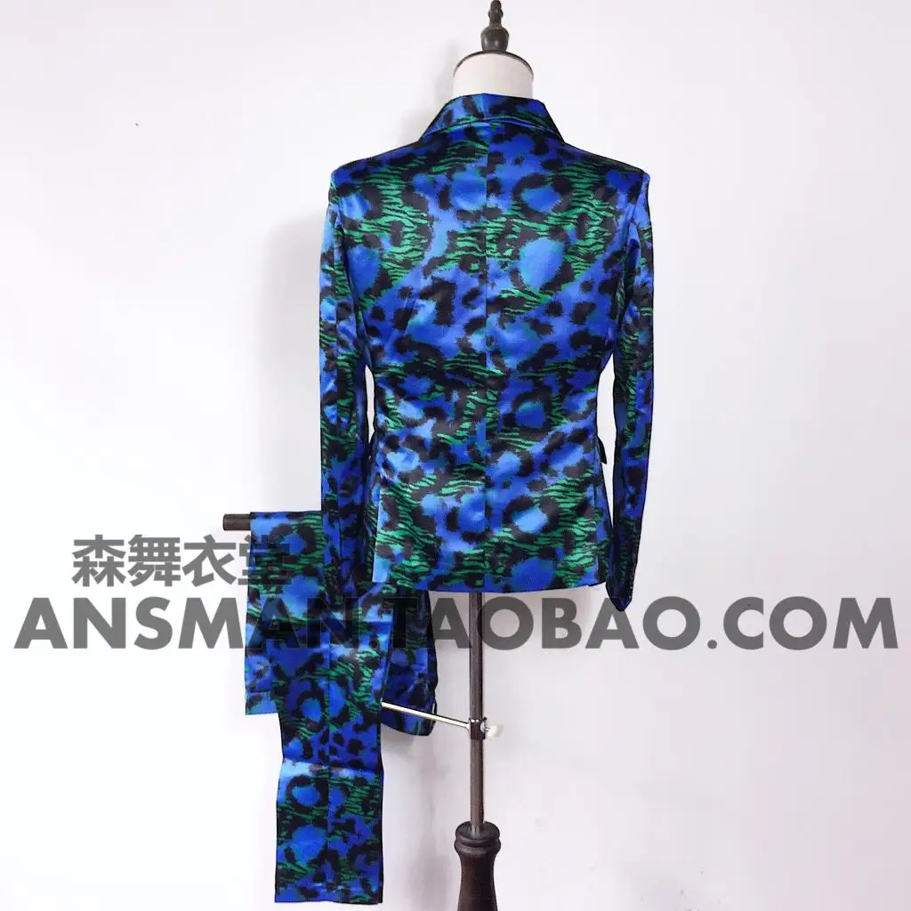 British Style New Nightclub Bar DJ Blue-Green Leopard Print Fashion Suit Men's Spring And Autumn Casual Performance Clothing