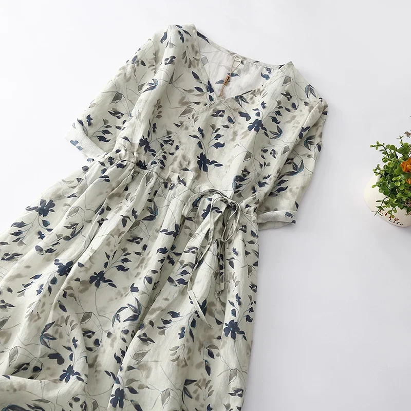 Zomermode Bloemenprint Katoen Linnen A-lijn Jurk Voor Vrouwen Korte Mouw V-hals Bohemen Zoete Japon Vrouwelijke Zachte Gezellige