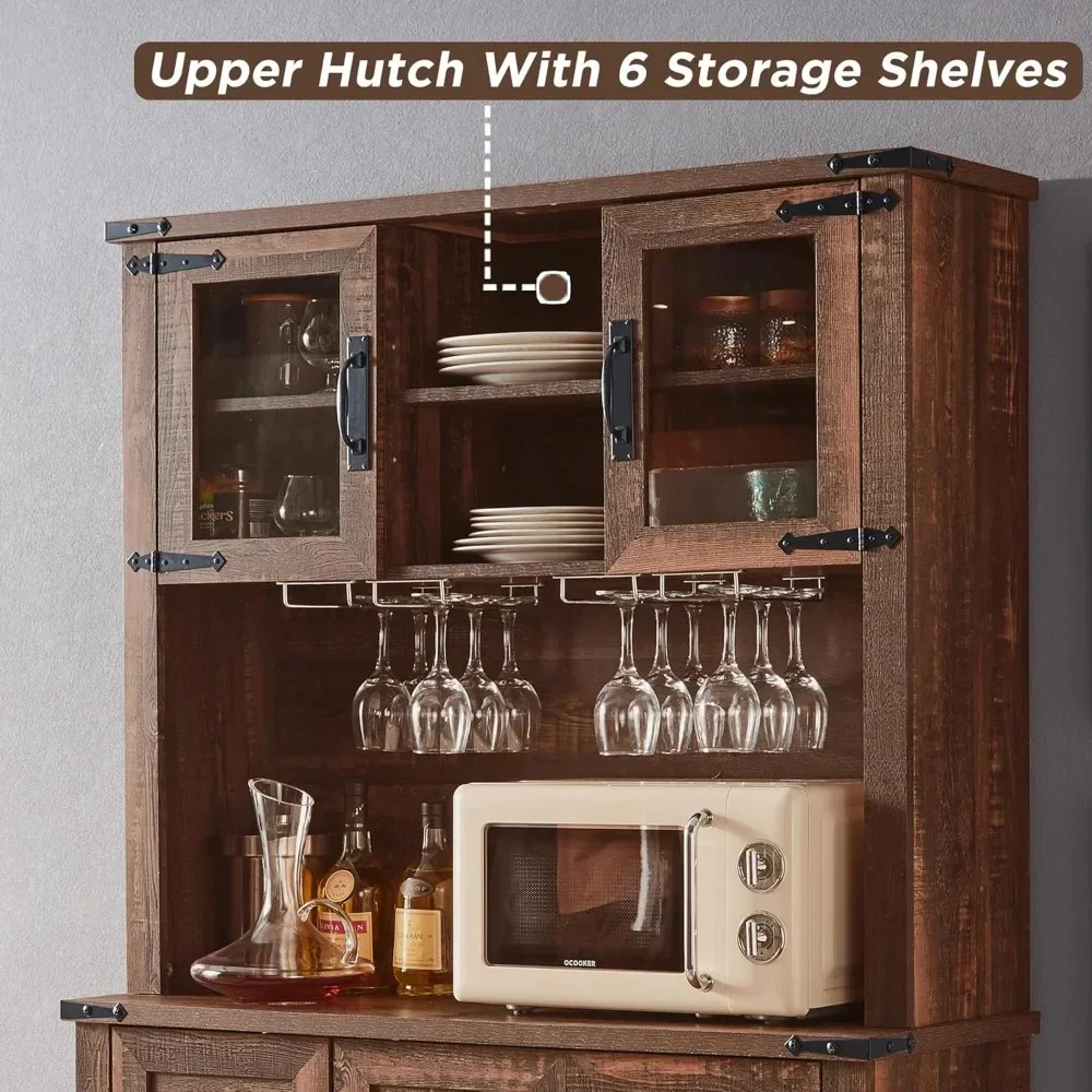 Large Kitchen Buffet with Hutch w/Wine & Glasses Rack, 3 Drawers, 12 Storage Shelves, Rustic Coffee Bar Sideboard Table. image 4