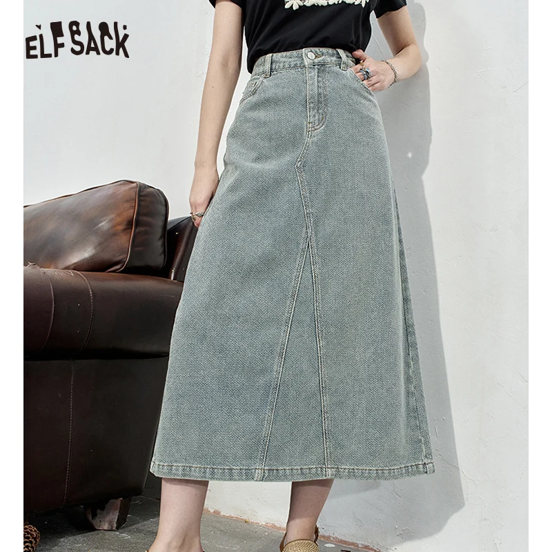 

2024 Summer ELFSACK New Arrivals High waisted denim midi skirt for women's casual mid length skirt