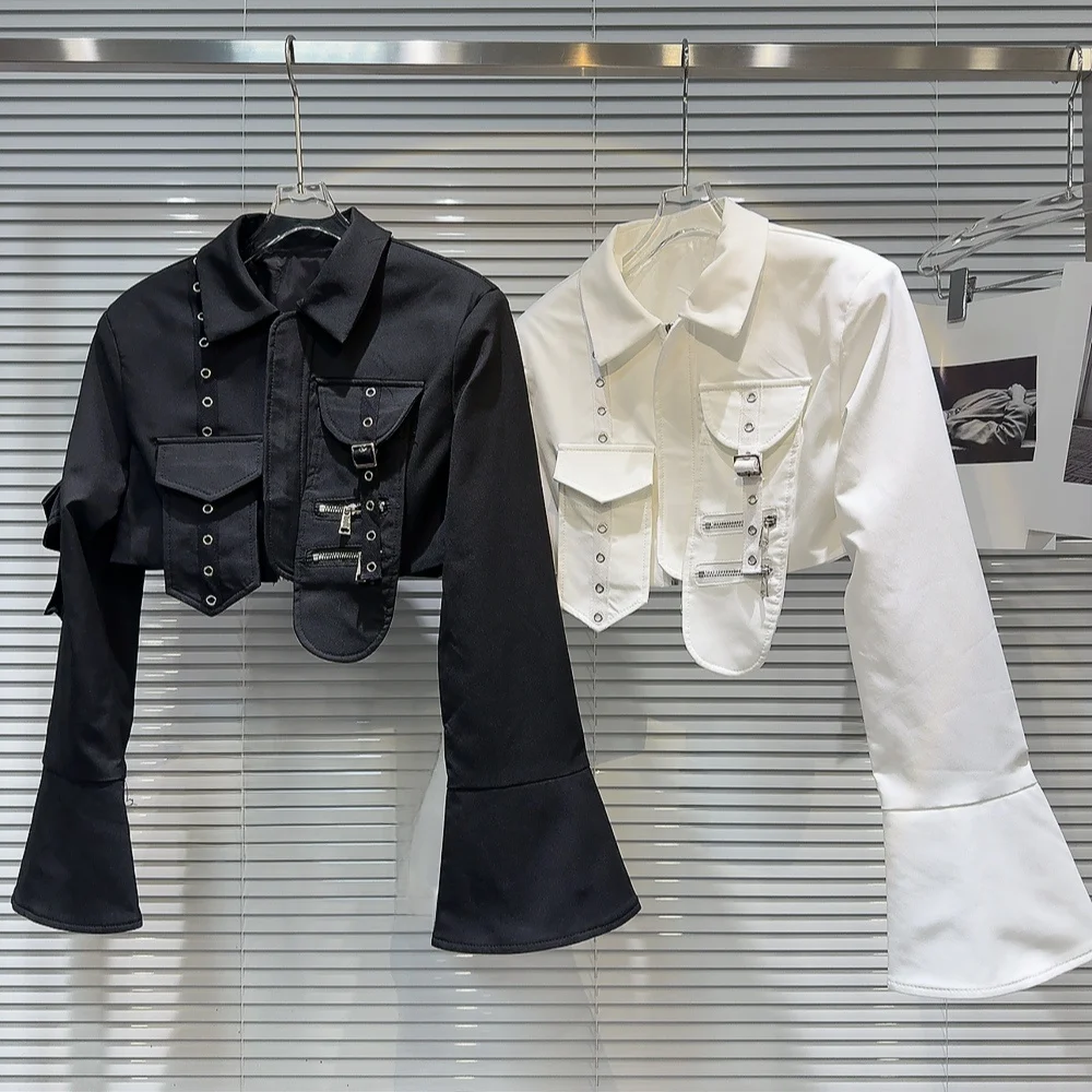 

Street Sle Rivet Zipper ket Flared Sve Workwear Jaet ort Outerwear Women's Faion Spring 2024 Straight Cut Regul...