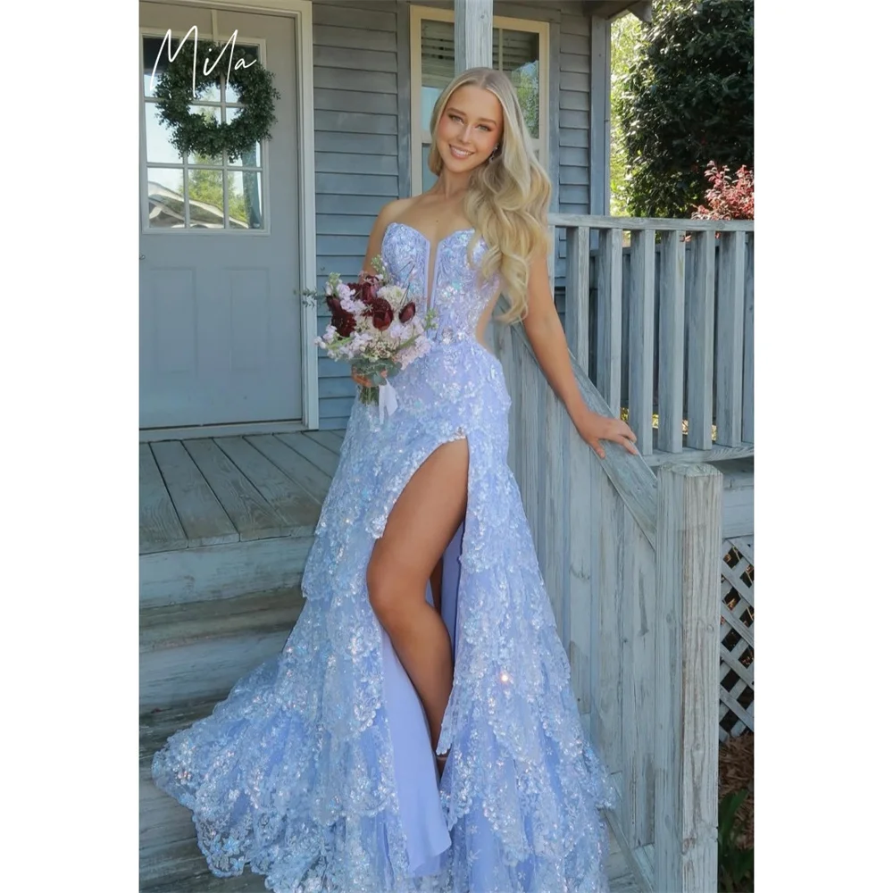 

Милое синее свадебное платье с высоким разрезом по бокам, индивидуальные вечерние платья без бретелек на шнуровке, каскадные рюши, платья de fiesta