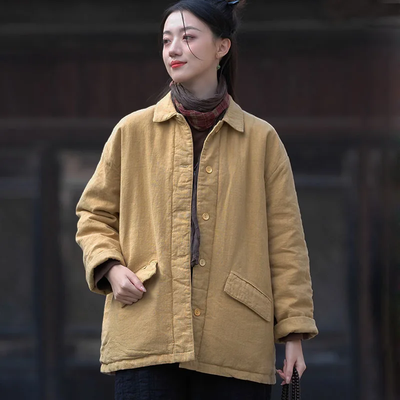 Literary Autumn/Winter Cotton Linen Small Lapel Loose Clip Cotton Jacket Womens Quilted Jacket Solid Color Front Open Short Coat