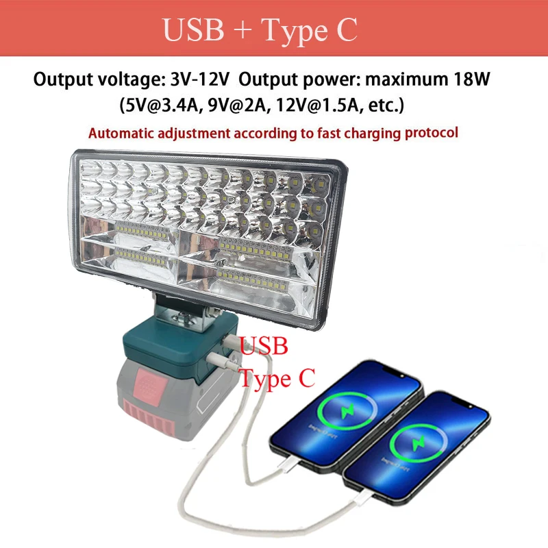 자동차 LED 작업 램프 라이트 손전등 토치, C 타입 USB 보조배터리, 마키타, 디월트, 보쉬, 밀워키, 18V 리튬 이온 배터리