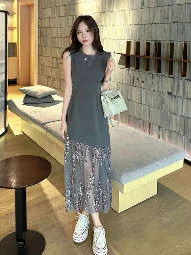 

Hot Girl Sequin Patchwork Long Dress for Women's Summer O-neck Sleeveless Loose A-line Dress Fashion Female Clothes