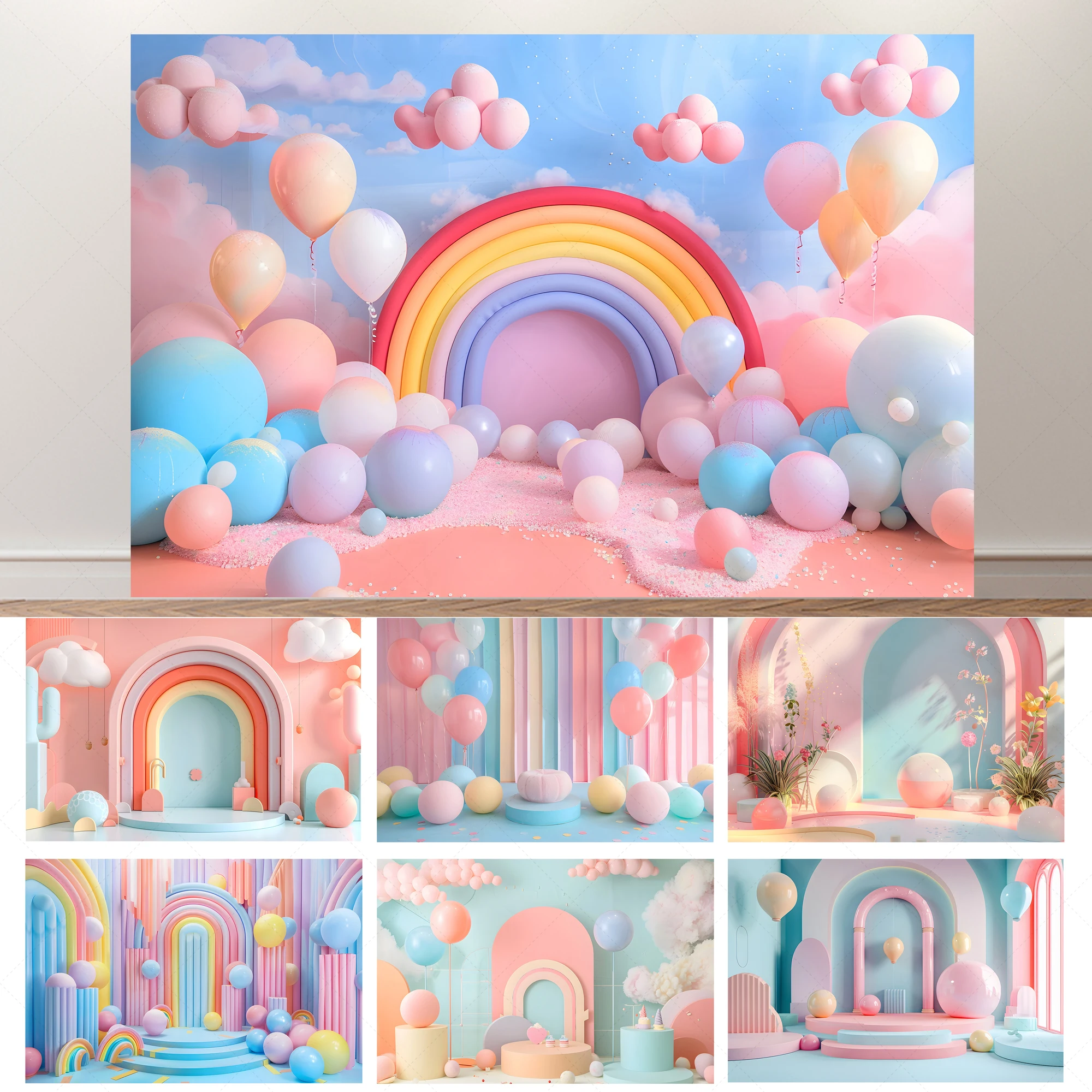 

New color birthday photography background balloons rainbow theme boys and girls birthday party decoration photo studio props