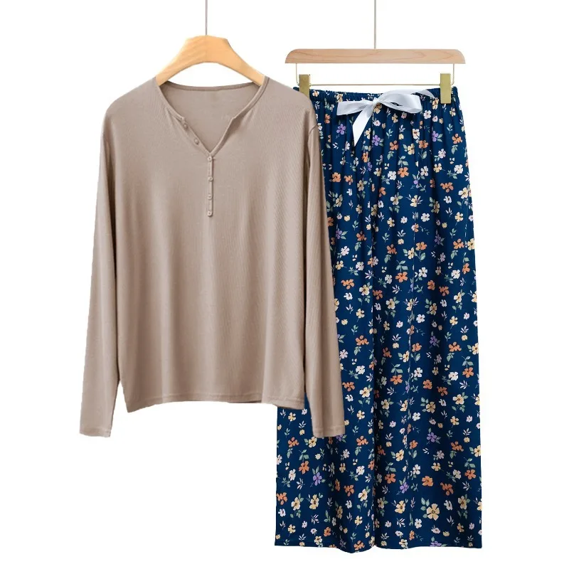 Lightweight Autumn Long Sleeve Pajamas Sets 2pcs Viscose Casual Homewear Soft Base Layer Lady's Loungewear Pants