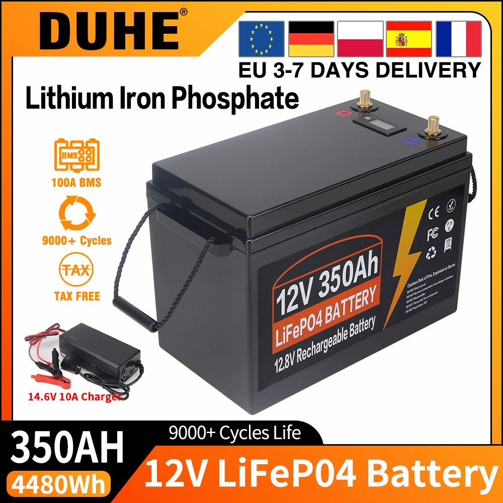 EU-Lagerbestand 12V 350Ah LiFePO4 Lithium-Eisenphosphat-Batterie, eingebautes 100A BMS, 9000 Zyklen, IP65 und Kälteschutz, 4480Wh/1920Wh Energie, perfekt für Wohnmobile, Off-Grid, Boote, Solarstrom.