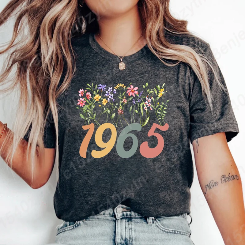 

Hot Selling T Shirts For Women Birthday Gifts Shirts Flower 1965 Print T-shirts Retro Birthday Party Tops Summer Round Neck Tees