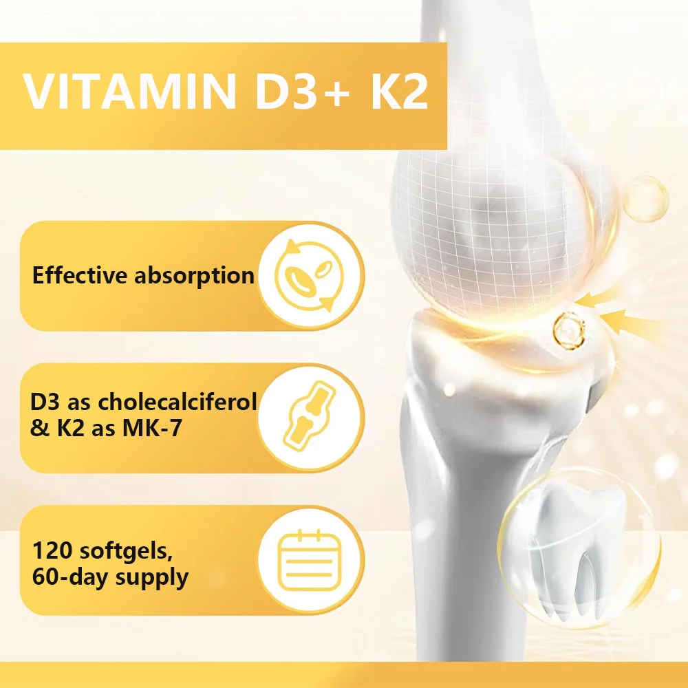Vitamin D3 K2 |   5000 IE aus Vitamin D und 100 μg MK-7-Komplex |   120 Softgel-Kapseln |   Nicht-GMO- und glutenfreies Ergänzung
