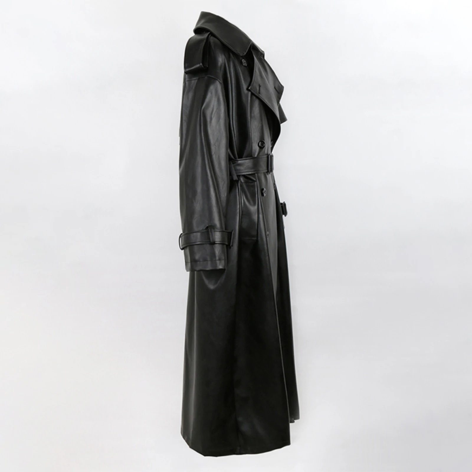オーバーサイズ ブラック レディース PUレザー トレンチコート 秋冬 ラペルカラー ダブルブレスト 人工皮革 ロングオーバーコート