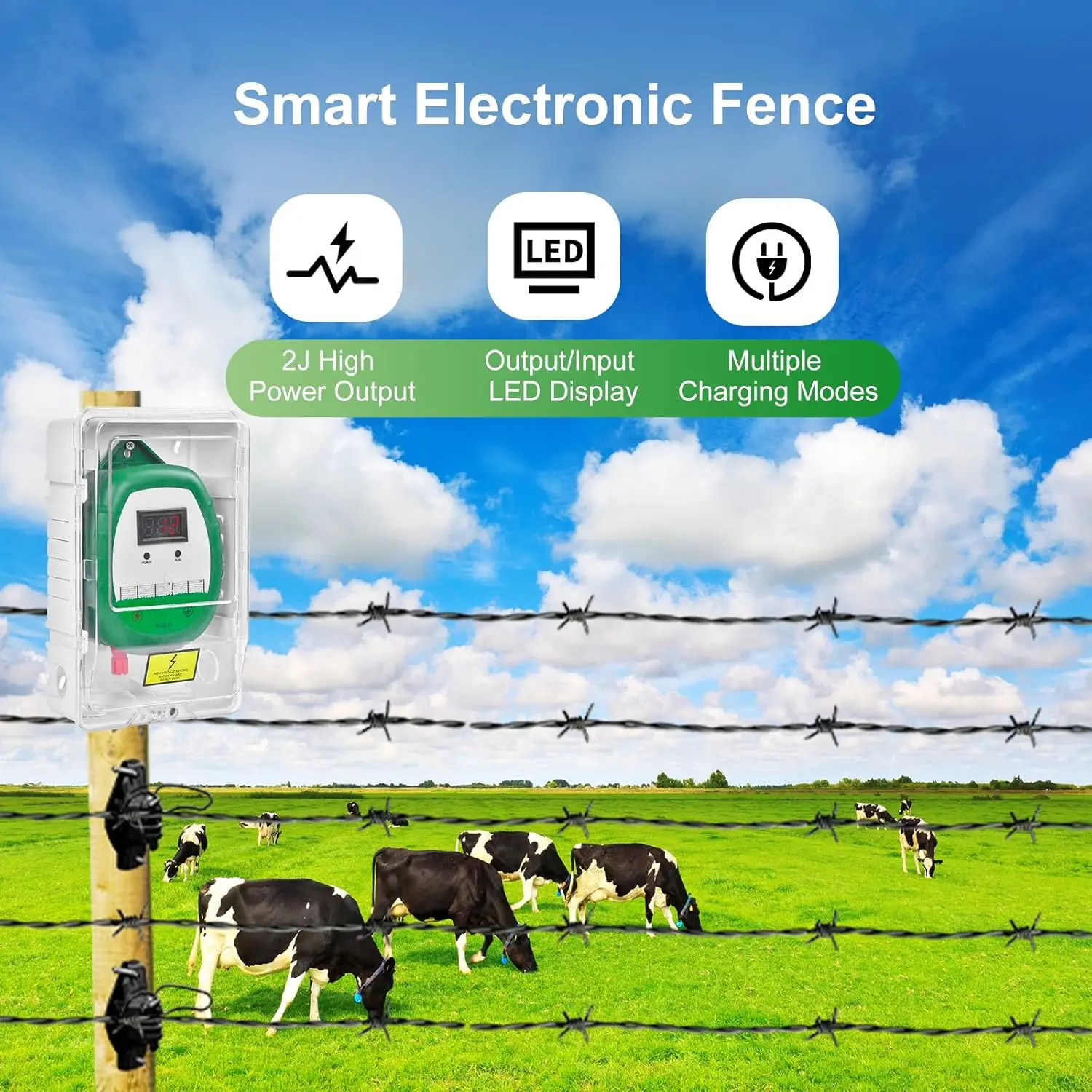 10KM Livestock High Voltage Pulse Controller Voltage Display High-decibel Alarm Waterproof Electric Fence Energizer LCD