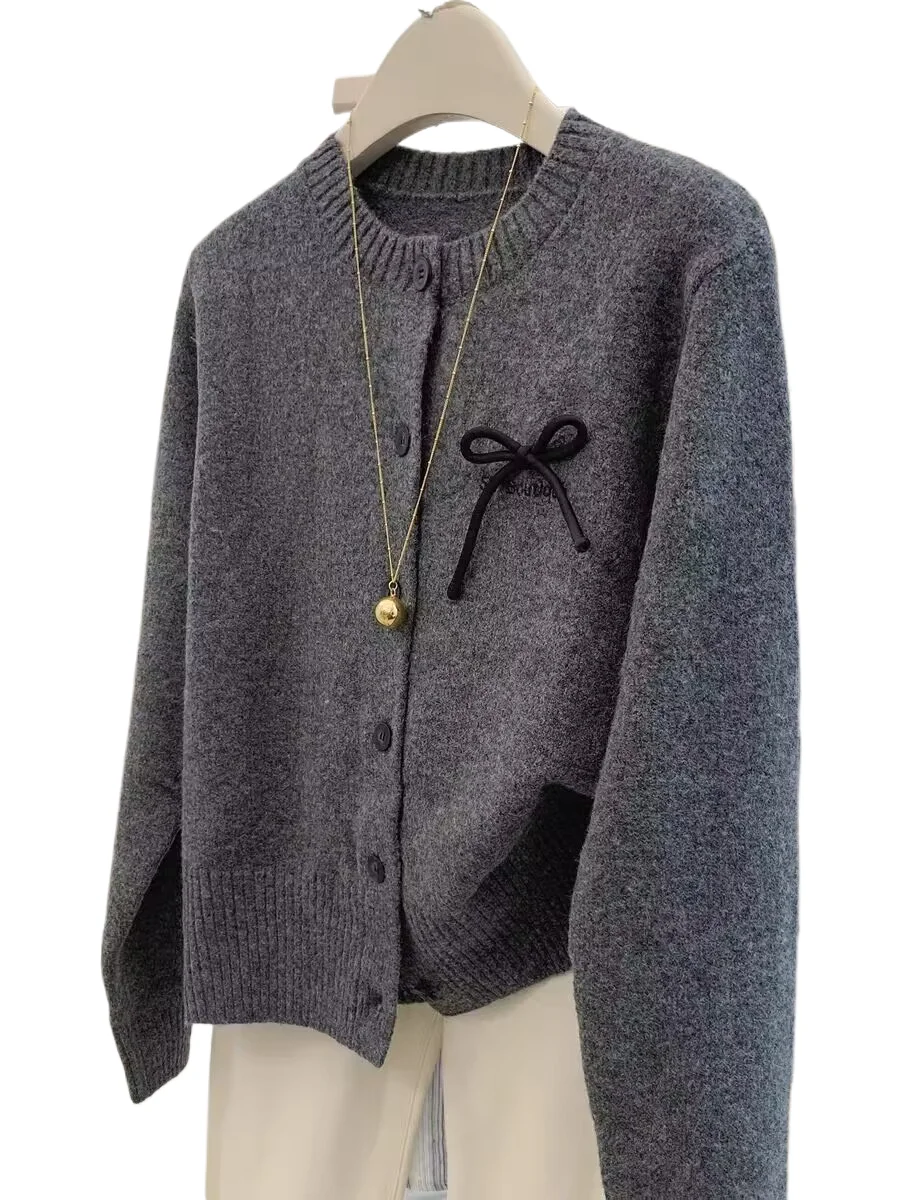 

Grey Bow Knit Sweater Women's Spring Autumn Long Sleeved Round Neck Cardigan Korean Version versatile Short Loose Top