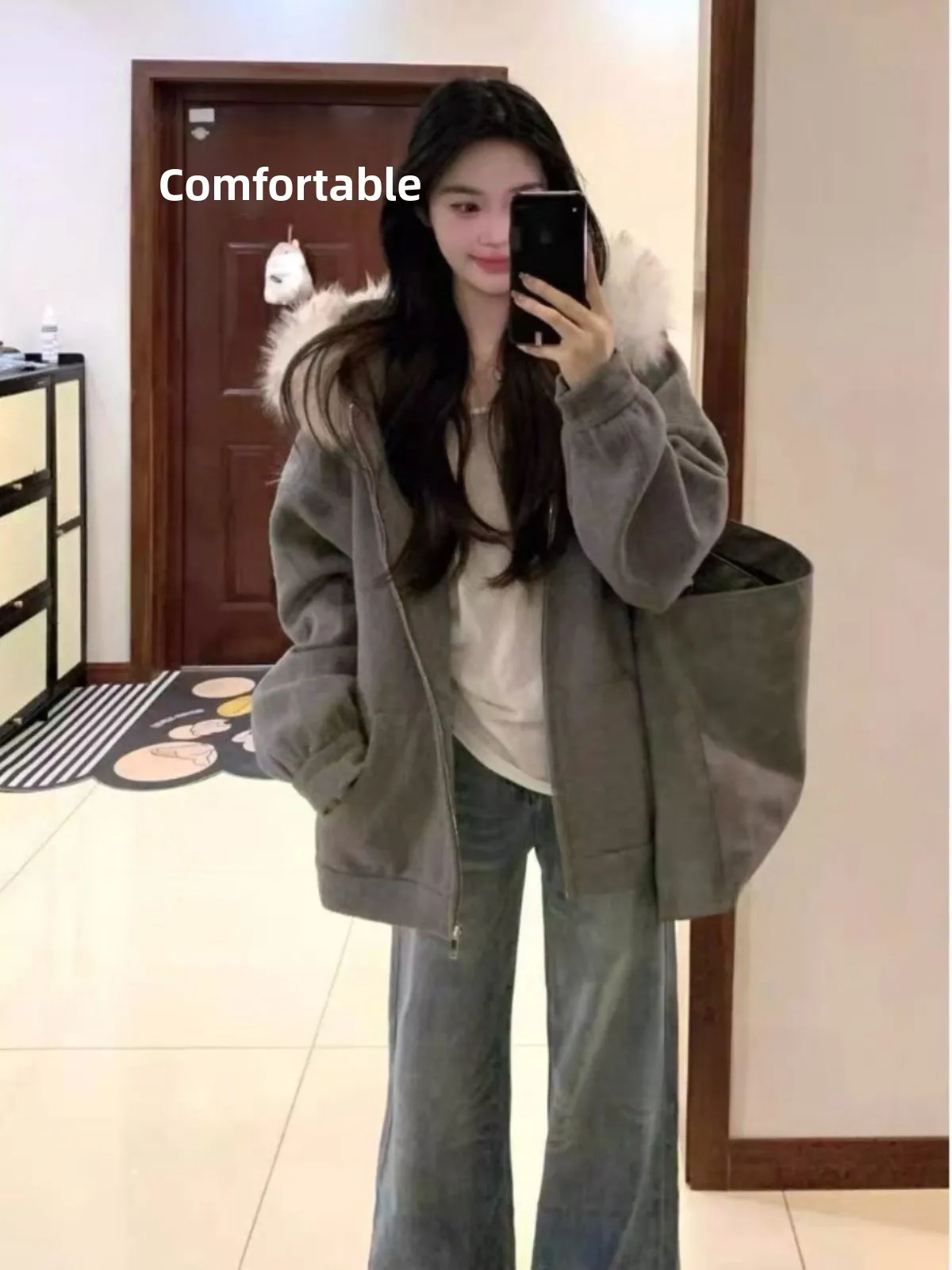 

Женская повседневная толстовка-кардиган с капюшоном и меховым воротником, свободного кроя, дышащая, с длинными рукавами, весенний дизайн